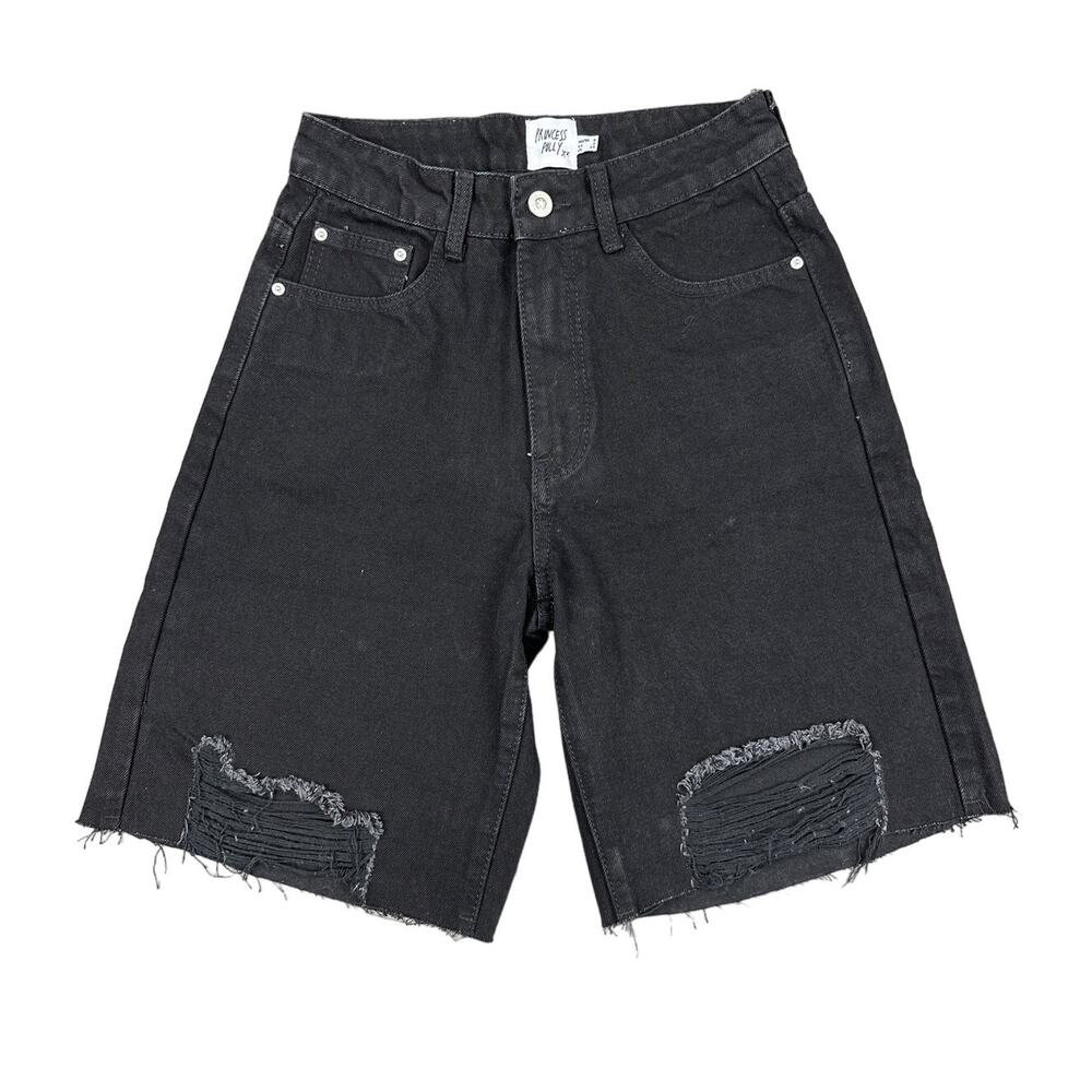 Princess Polly - High Waist Distressed Denim Shorts in Black